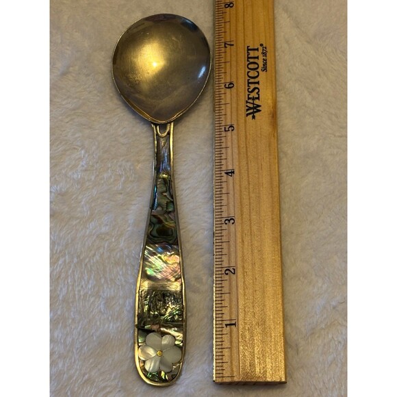 Mexico Alpaca Silver Abelone and Mother of Pearl Inlay Serving Spoon & Fork Set - Picture 5 of 5